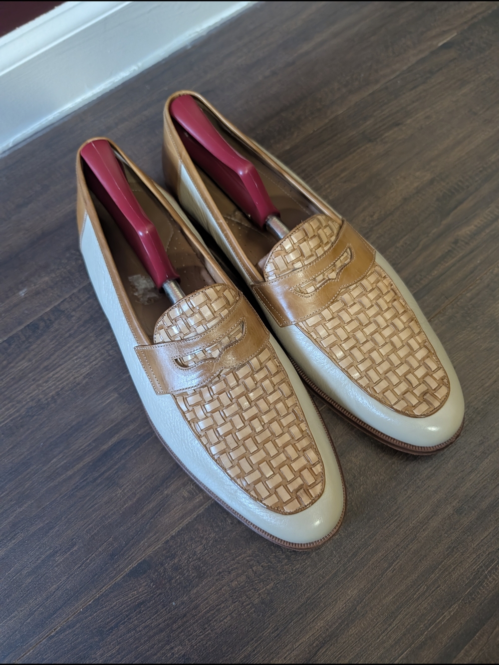 E.T. WRIGHT Masters Made In Spain Woven Leather Two-Tone Mens Penny Loafers 12B